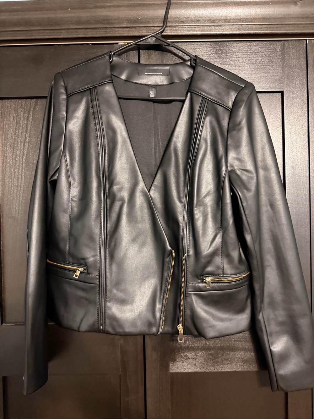 NWOT White House Black Market Black Faux Leather Moto Jacket with Gold Hardware